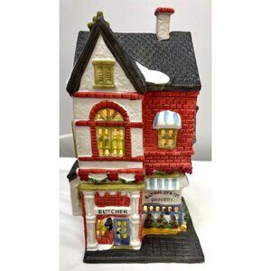 Vintage Lemax Hearthside Village Ceramic Lighted Butcher & Grocery Store Decor